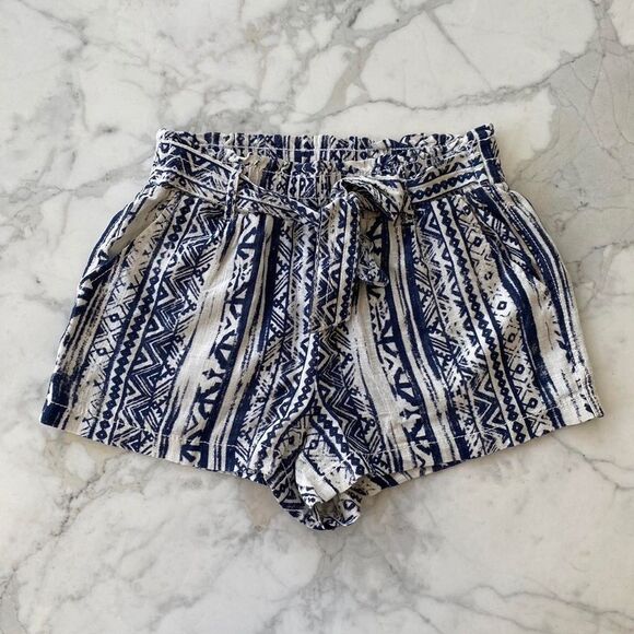 Linen shorts Aztec print navy white Paper bag Size XS - Picture 2 of 6